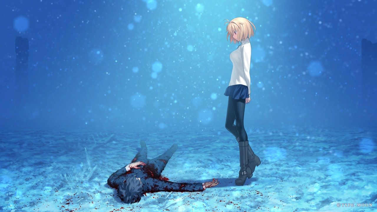 Tsukihime -A piece of blue glass moon- screenshot of Arcueid standing over a wounded Shiki.