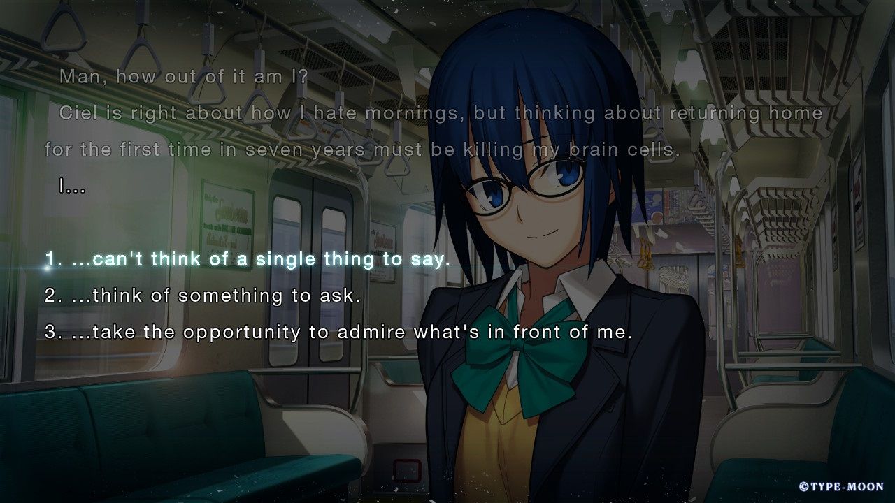 Tsukihime -A piece of blue glass moon- screenshot of Ciel adn some early game choices.